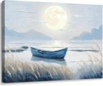 amatop 16x12 inch horizontal canvas art featuring a blue coastal scene with a moonlit lake, boat, and glowing moon.