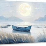 amatop 16x12 inch horizontal canvas art featuring a blue coastal scene with a moonlit lake, boat, and glowing moon.