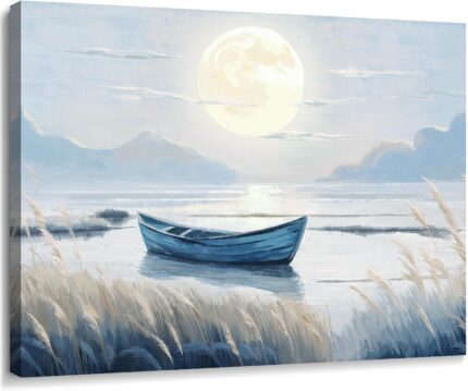 amatop 16x12 inch horizontal canvas art featuring a blue coastal scene with a moonlit lake, boat, and glowing moon.