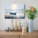 amatop 16x12 inch horizontal canvas art featuring a blue coastal scene with a moonlit lake, boat, and glowing moon.