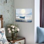 amatop 16x12 inch horizontal canvas art featuring a blue coastal scene with a moonlit lake, boat, and glowing moon.