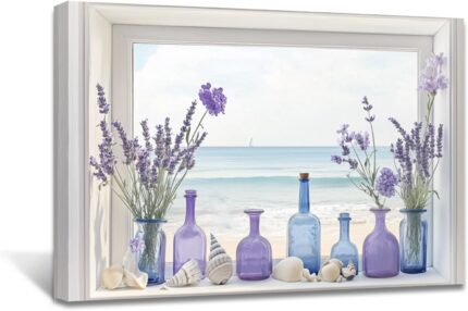 AWPANERAR framed wall art depicting a rustic window view of purple lavender in a vase with a blue ocean background.