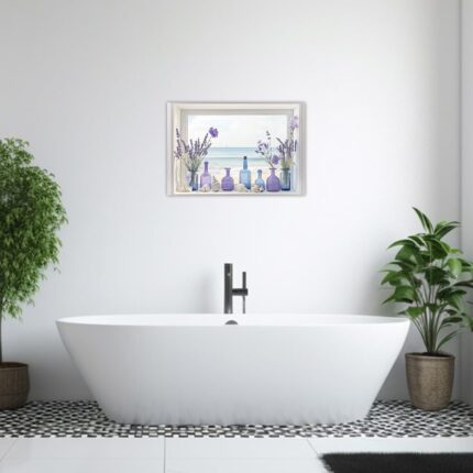 AWPANERAR framed wall art depicting a rustic window view of purple lavender in a vase with a blue ocean background.