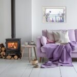 AWPANERAR framed wall art depicting a rustic window view of purple lavender in a vase with a blue ocean background.