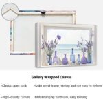 AWPANERAR framed wall art depicting a rustic window view of purple lavender in a vase with a blue ocean background.
