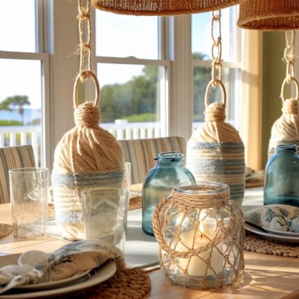 Two clear glass nautical lanterns with jute rope handles and flickering LED candles inside, on a tabletop.