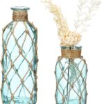 Two light blue Chuangdi coastal glass vases with boho rope, one larger and one smaller, ready for floral arrangements.