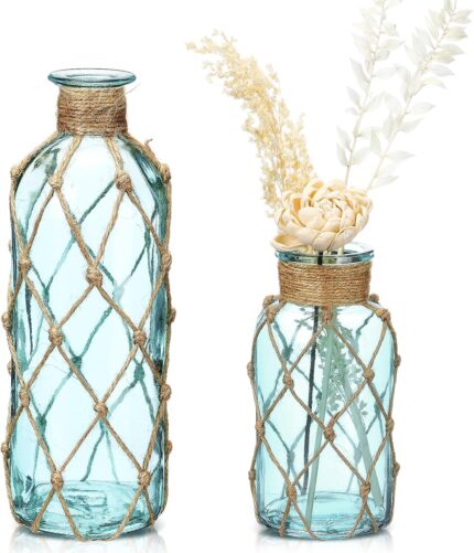 Two light blue Chuangdi coastal glass vases with boho rope, one larger and one smaller, ready for floral arrangements.
