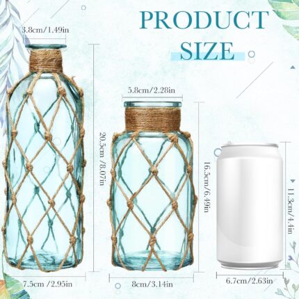 Two light blue Chuangdi coastal glass vases with boho rope, one larger and one smaller, ready for floral arrangements.