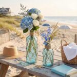 Two light blue Chuangdi coastal glass vases with boho rope, one larger and one smaller, ready for floral arrangements.
