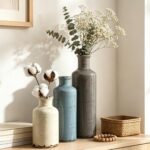 Set of three CUCUMI ceramic vases in distressed morandi colors, displayed on a shelf, showcasing rustic and coastal style.