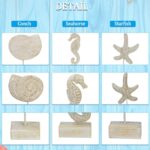 Set of three white hand-carved wooden coastal figurines: a starfish, a conch shell, and a seahorse, displayed on a tabletop.