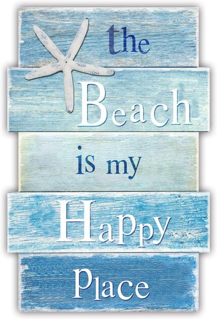 MODE HOME wooden wall plaque with a blue distressed finish, featuring a white starfish and the text "The Beach is My Happy Pl