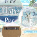 MODE HOME wooden wall plaque with a blue distressed finish, featuring a white starfish and the text "The Beach is My Happy Pl