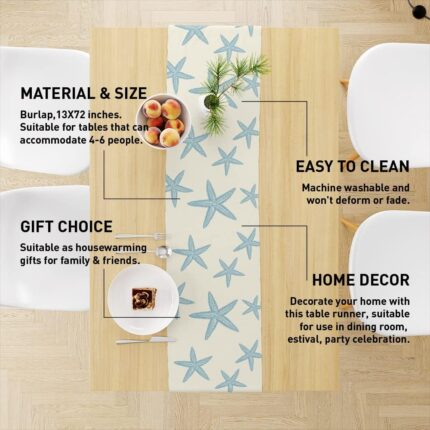 A Muktoujaumai blue starfish burlap table runner, 13x72 inches, laid flat on a dining table, showcasing its star pattern.