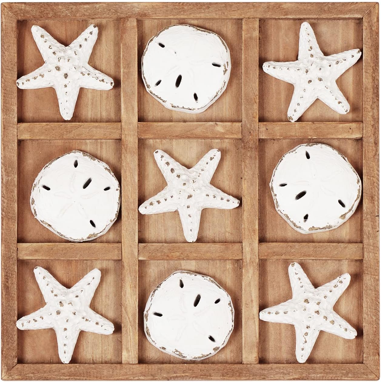 nikky-home-beach-tic-tac-toe-game-distressed-white-wood-board-8-98-x-8-98-in-01 A distressed white NIKKY HOME Beach Tic Tac Toe game board with starfish and sand dollar resin pieces.