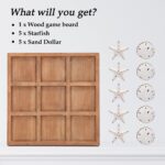 A distressed white NIKKY HOME Beach Tic Tac Toe game board with starfish and sand dollar resin pieces.
