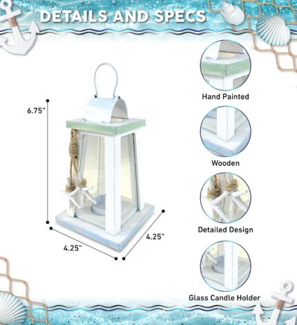A white and blue wooden lantern candle holder with nautical ropes and a starfish, sitting on a surface.