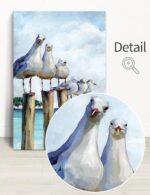 SUMGAR vertical coastal wall art with six curious seagulls on dock pilings, blue ocean background, 16x24 inches.