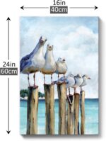 SUMGAR vertical coastal wall art with six curious seagulls on dock pilings, blue ocean background, 16x24 inches.