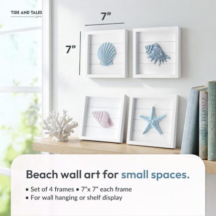 A set of four 7x7 inch framed 3D coastal wall art pieces featuring hand-painted seashells, conch shells, and starfish in past