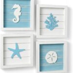 Set of four 3D coastal wall decor pieces, each 7x7 inches, with rustic wooden frames and marine life designs.