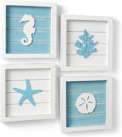 Set of four 3D coastal wall decor pieces, each 7x7 inches, with rustic wooden frames and marine life designs.