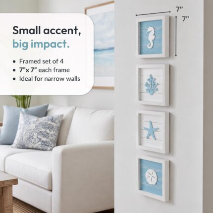 Set of four 3D coastal wall decor pieces, each 7x7 inches, with rustic wooden frames and marine life designs.