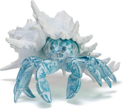 A vibrant blue hermit crab statue with its shell, designed for coastal or beach-themed home decor.