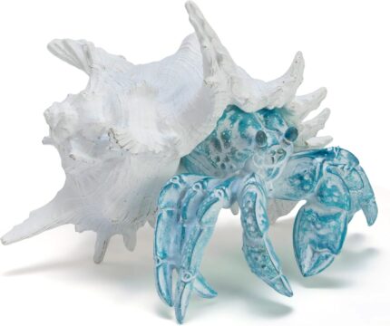 A vibrant blue hermit crab statue with its shell, designed for coastal or beach-themed home decor.